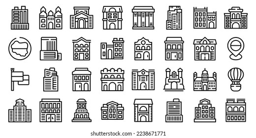 Warsaw icons set outline vector. Europe city. Capital building