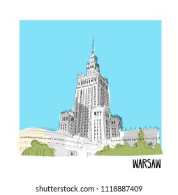 warsaw illustration. palace of culture and science. hand drawn poland sketch. 
