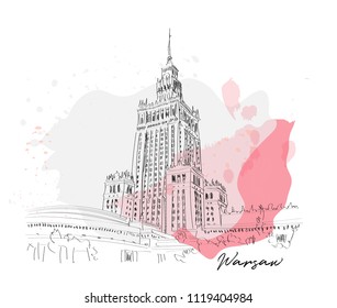 warsaw illustration. palace of culture and science. hand drawn poland sketch. 