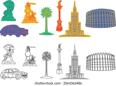 Warsaw landmarks and symbols collection. Vector set of colorful stickers and black line art icons: Mermaid, Palace of Culture, Sigismund's Column and vintage car.