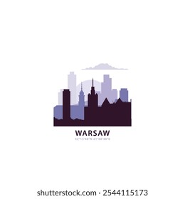 Warsaw logo with skyline, cityscape retro vector icon. Poland city horizon, facade, travel logotype