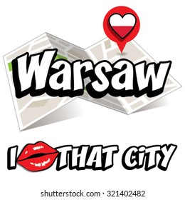Warsaw. I Love That City. Vector Illustration with country flag.