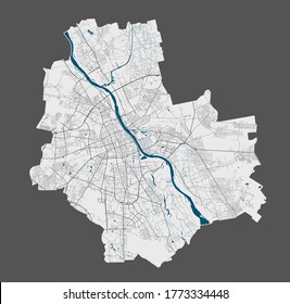 Warsaw map. Detailed vector map of Warsaw city administrative area. Poster with streets and water on grey background.