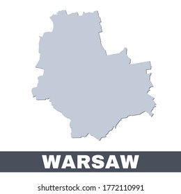 Warsaw outline map. Vector map of Warsaw city area within its borders. Grey with shadow on white background. Isolated illustration.
