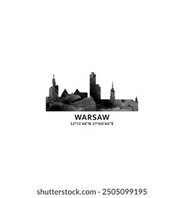 Warsaw panorama, vector badge, skyline logo and icon. Poland capital city horizon logotype with landmarks and building silhouettes. Isolated foggy abstract gradient graphic