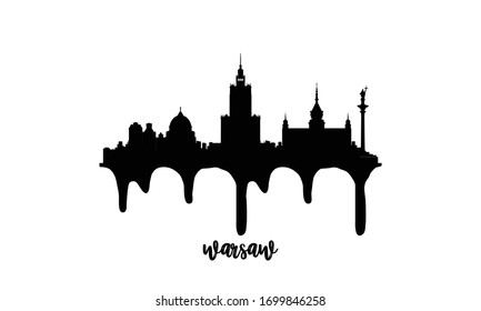 Warsaw Poland black skyline silhouette vector illustration on white background with dripping ink effect.