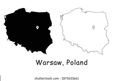 Warsaw, Poland. Detailed Country Map with Location Pin on Capital City. Black silhouette and outline maps isolated on white background. EPS Vector