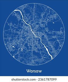 Warsaw Poland Europe City Map blue print round Circle vector illustration