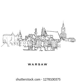 Warsaw Poland famous architecture.Outlined vector sketch separated on white background. Architecture drawings of all European capitals.