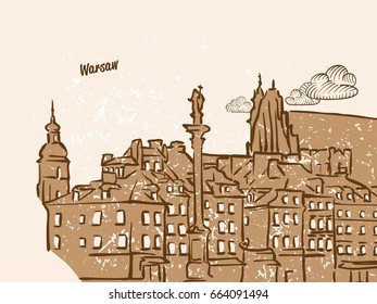 Warsaw, Poland, Greeting Card, hand drawn image, famous european capital, vintage style, vector Illustration