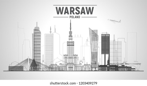 Warsaw (Poland) line skyline with panorama on white background. Vector Illustration. Business travel and tourism concept with modern buildings. Image for presentation, banner, web site.