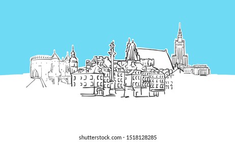 Warsaw Poland Lineart Vector Sketch. and Drawn Illustration on blue background.