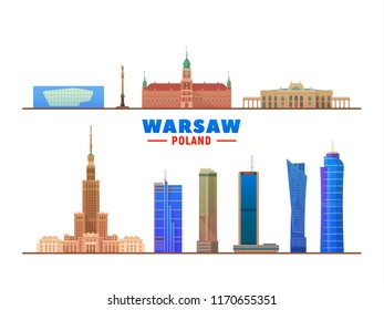 Warsaw (Poland) main landmarks in white background. Vector Illustration. Business travel and tourism concept with modern buildings. Image for banner or web site.