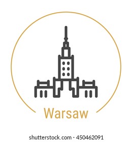 Warsaw (Poland) outline icon with caption. Warsaw City logo, landmark, vector symbol. Warsaw Palace of culture. Illustration of Warsaw isolated on white background.