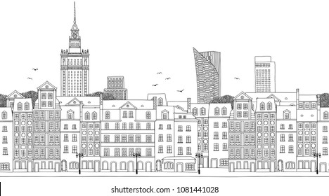 Varsovia, Polonia - Pancarta sin sellos del horizonte de la ciudad, ilustración en blanco y negro dibujada a mano