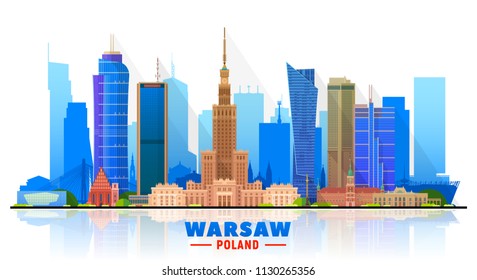 Warsaw (Poland) skyline with panorama on white background. Vector Illustration. Business travel and tourism concept with modern buildings. Image for presentation, banner, web site.