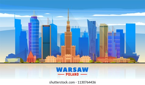 Warsaw (Poland) skyline with panorama on white background. Vector Illustration. Business travel and tourism concept with modern buildings. Image for presentation, banner, web site.