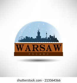 Warsaw, Poland skyline silhouette design in snow globe, vector illustration.