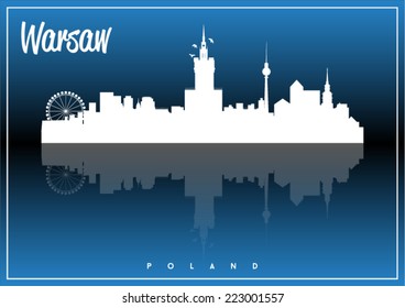 Warsaw, Poland, skyline silhouette vector design on parliament blue and black background. 