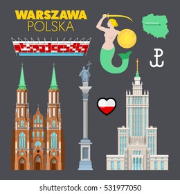 Warsaw Poland Travel Doodle with Architecture, Mermaid Symbol and Flag. Vector illustration