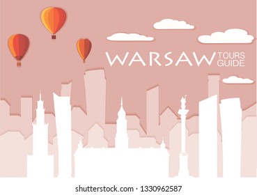 Warsaw silhouette, vector skyline illustration, clouds, bridge, collage icon, city panorama river