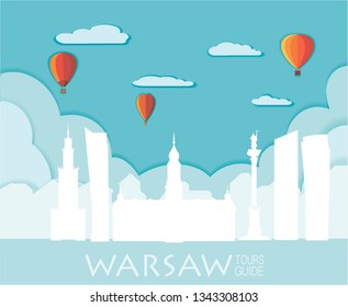 Warsaw silhouette, vector skyline illustration, clouds, bridge, collage icon, city panorama river