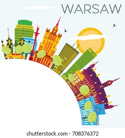 Warsaw Skyline with Color Buildings, Blue Sky and Copy Space. Vector Illustration. Business Travel and Tourism Concept with Historic Architecture. Image for Presentation Banner Placard and Web Site.