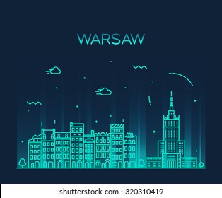 Warsaw skyline, detailed silhouette. Trendy vector illustration, linear style