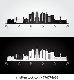 Warsaw skyline and landmarks silhouette, black and white design, vector illustration.