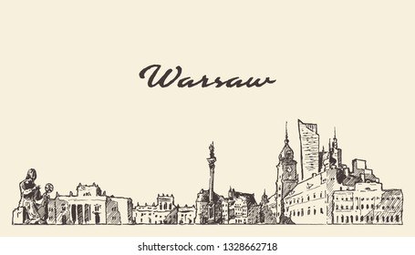 Warsaw skyline, Poland, hand drawn vector illustration, sketch