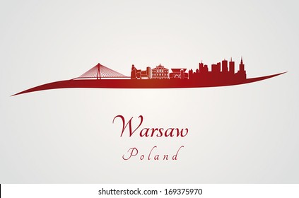 Warsaw skyline in red and gray background in editable vector file