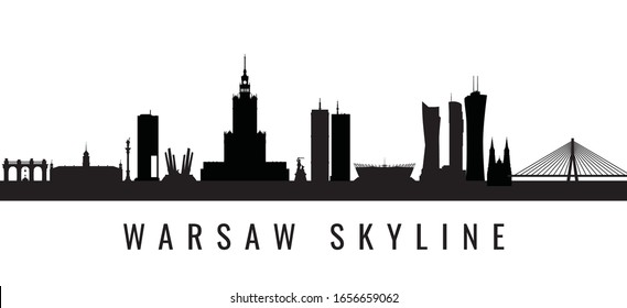 Warsaw Skyline Silhouette B&W Panorama