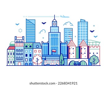 Warsaw skyline with skyscrapers, office buildings and transport. Modern city downtown street landscape. Polish capital urban cityscape with business center district in line art design.