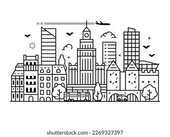 Warsaw skyline with skyscrapers, office buildings and transport. Modern city downtown street landscape. Polish capital urban cityscape with business center district in line art design.