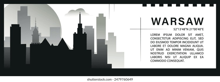 Warsaw skyline vector banner, black and white minimalistic cityscape silhouette. Poland capital city horizontal graphic, travel infographic, monochrome layout for website