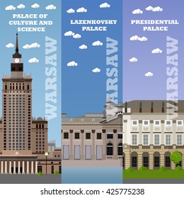 Warsaw tourist landmark banners. Vector illustration with Poland famous buildings. Travel to Poland concept.
