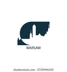 Warsaw vector icon with skyline, panoramic view, outlook shape. Poland city landmarks logo concept. Flat isolated graphic, badge