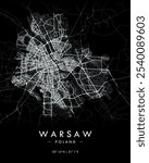 Warsaw vector map in dark theme. Detailed map of Warsaw in Poland. Best free vector illustration. Tourist decorative street map.