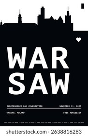 Warsaw ypography minimalist vector poster for national event, public holiday, independence day, festival layout. Brochure, leaflet, flyer, presentation image template for Poland city