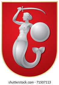 Warsaw's Mermaid. Syrenka - Mermaid, the guardian of the capital of Poland, Sirena with the sword on the red shield, vector image