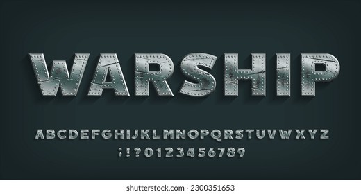Warship alphabet font. Damaged metal letters and numbers. Stock vector typescript for your design. svg