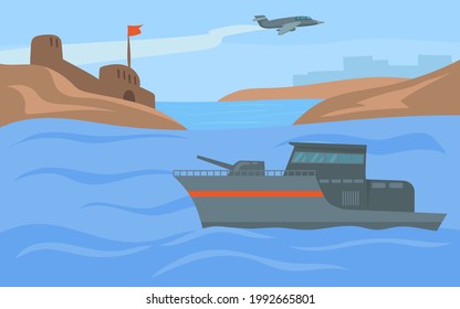 Warship with cannon on board approaching fortress from water. Cartoon vector illustration. Military plane flying over sea, preparing for siege. War, defense, military equipment concept for design