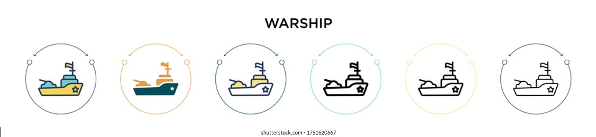 Warship icon in filled, thin line, outline and stroke style. Vector illustration of two colored and black warship vector icons designs can be used for mobile, ui, web