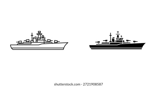 Icono de buque de guerra. Línea con trazo editable y plano para el Web