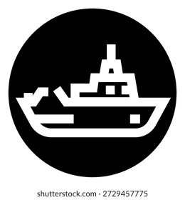Icono de buque de guerra en estilo Vector sobre un fondo circular negro, silueta naval minimalista que representa conceptos militares, navales, de defensa, patrulla, flota y seguridad marítima