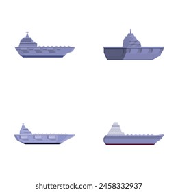 Warship icons set cartoon vector. Aircraft carrier with plane on board. Military ship