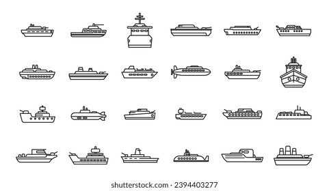 Warship icons set outline vector. Aircraft carrier. Military war boat