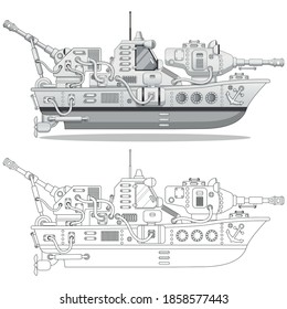 Kriegsschiff. Seitenansicht. Einzeln auf weißem Hintergrund. Vektorgrafik.