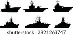 Warship Silhouette Collection – Vector Set of Naval Military Ship Designs Featuring Destroyers, Frigates, Submarines, and Command Vessels