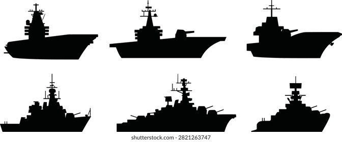 Warship Silhouette Collection – Vector Set of Naval Military Ship Designs Featuring Destroyers, Frigates, Submarines, and Command Vessels